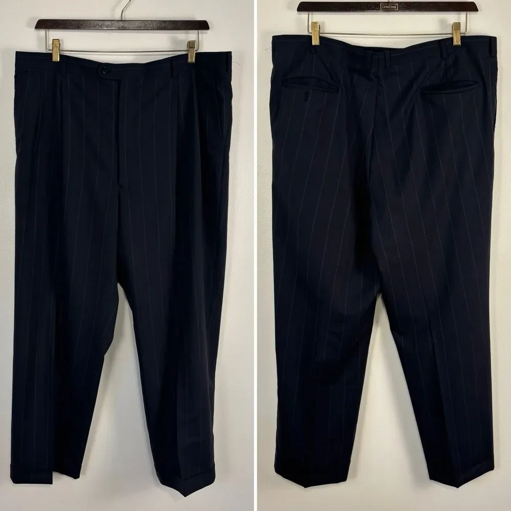 Gieves & Hawkes Savile Row Suit 48 LNG 100% Wool Pinstripe Navy Blue Franco's